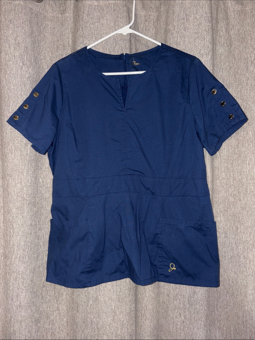 Jaanuu Navy Short Sleeve Scrub Top with Button Sleeve Detail legacy style J96026